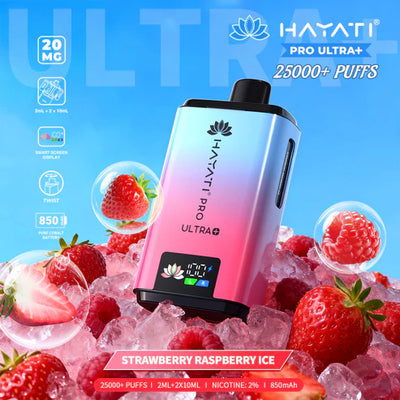 Hayati Pro Ultra+ vape device with strawberry and raspberry ice flavor on a blue background