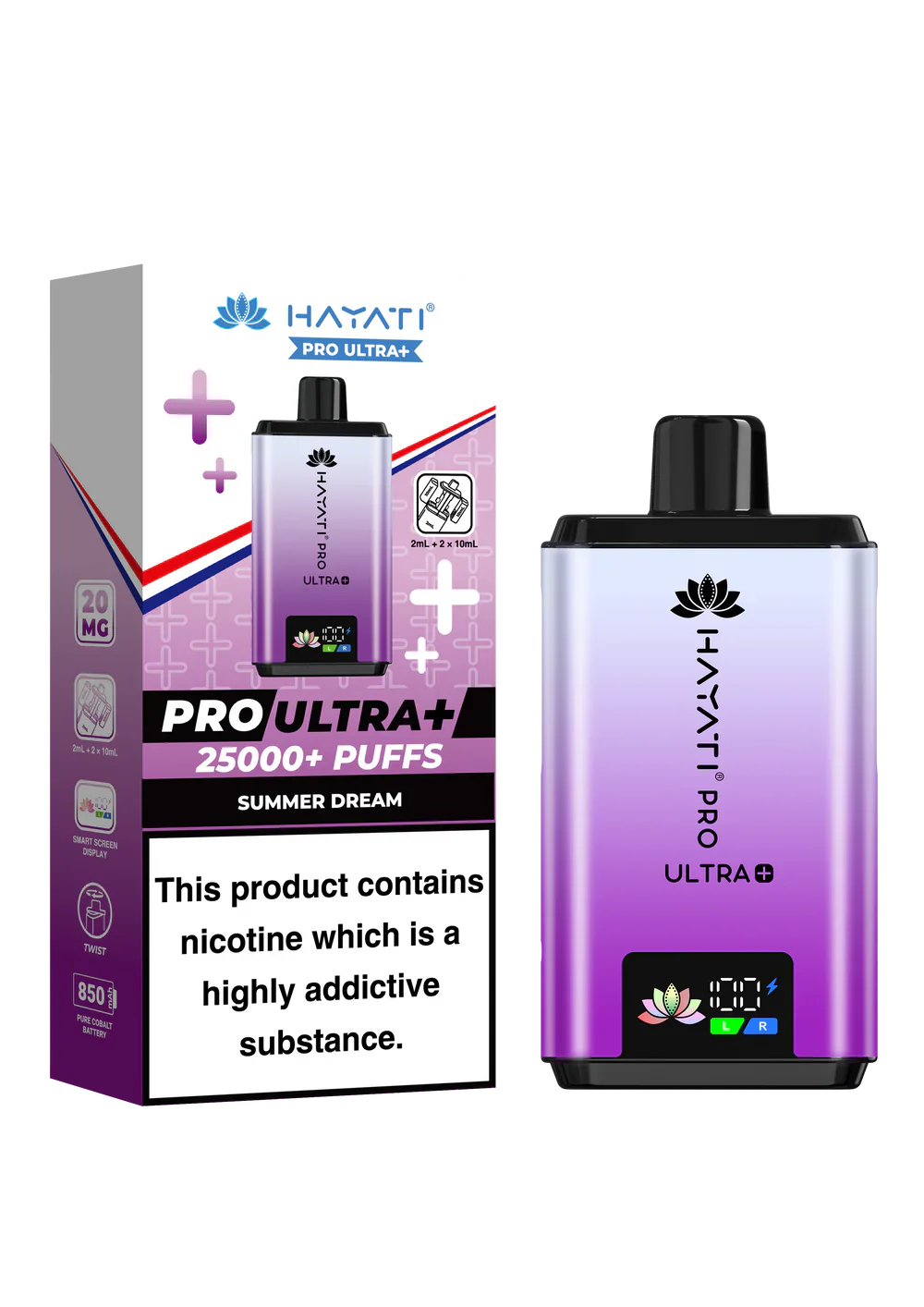 Hayati Pro Ultra+ reusable vape kit with 25000+ puffs, duo flavor system, smart battery display, and ban-proof certification pack of 5.