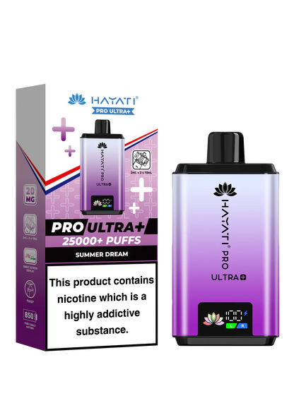 Hayati Pro Ultra+ reusable vape kit with 25000+ puffs, duo flavor system, smart battery display, and ban-proof certification pack of 5.