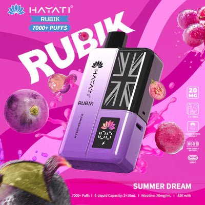 Hayati Rubik vape device on a pink background summer dream flavour with fruit graphics