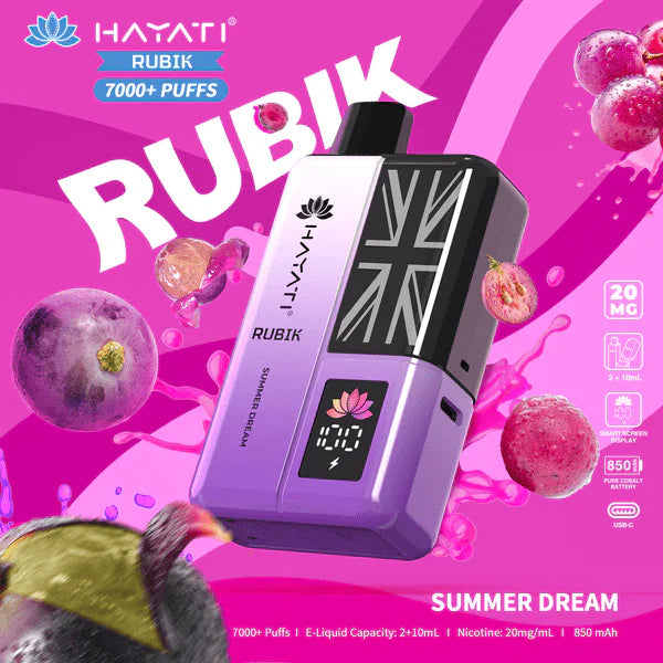 Hayati Rubik vape device on a pink background summer dream flavour with fruit graphics