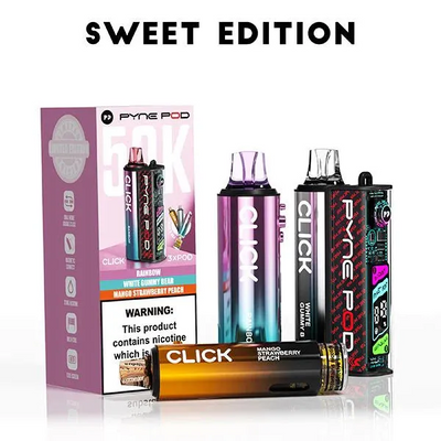 Pyne Pod Click 50K 5 pack sweet edition vape pods with rainbow, white gummy bear, and mango strawberry peach flavors in colorful packaging