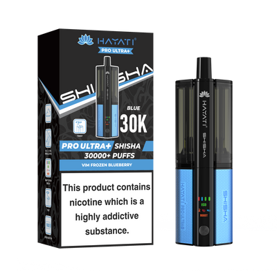 Blue and Black Vape device with packaging displaying 'HAYATI' branding on a white background.