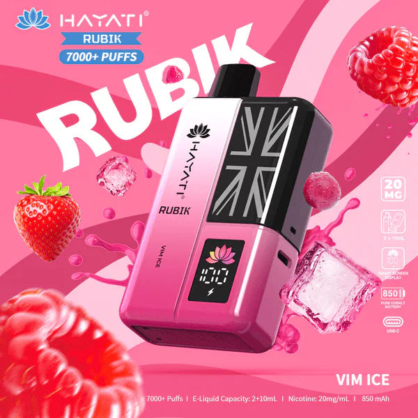 Hayati Rubik vape device with strawberry and raspberry graphics on a pink background