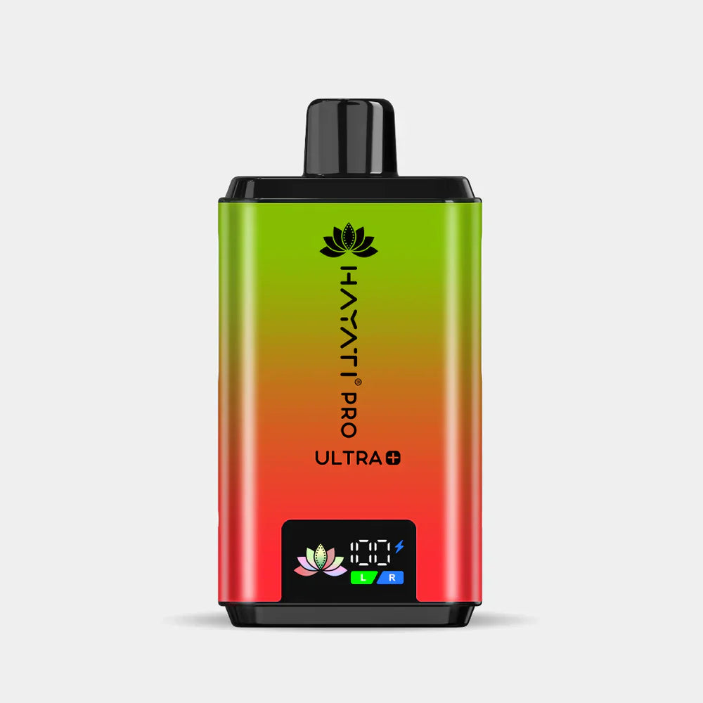 Hayati Pro Ultra+ reusable vape device with duo flavor system and smart battery display in red and green gradient