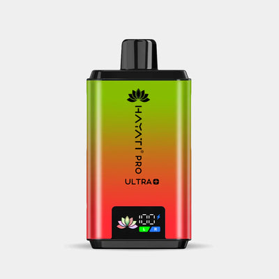 Hayati Pro Ultra+ reusable vape device with duo flavor system and smart battery display in red and green gradient