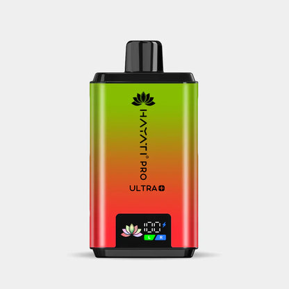 Hayati Pro Ultra+ reusable vape device with duo flavor system and smart battery display in red and green gradient