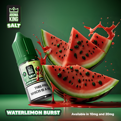 Aroma King Nic Salts Waterlemon Burst 10ml bottle with fresh watermelon slices and splash, nicotine salt e-liquid, 20mg strength, 50/50 VG/PG ratio