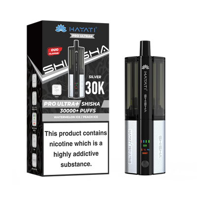 Silver and Black Vape device with packaging displaying 'HAYATI' branding on a white background.