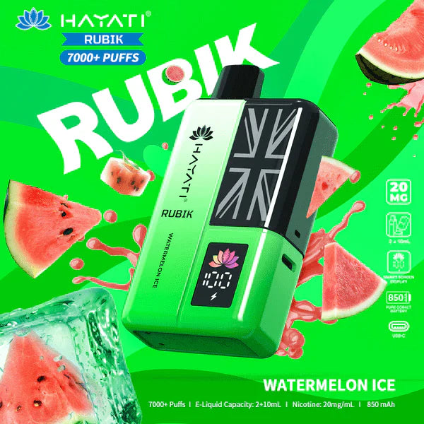 Hayati Rubik vape device with watermelon ice flavor on a green background