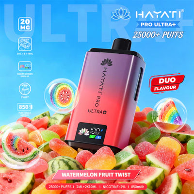 Hayati Pro Ultra+ vape device with colorful candy and watermelon fruit twist flavor text on a blue background