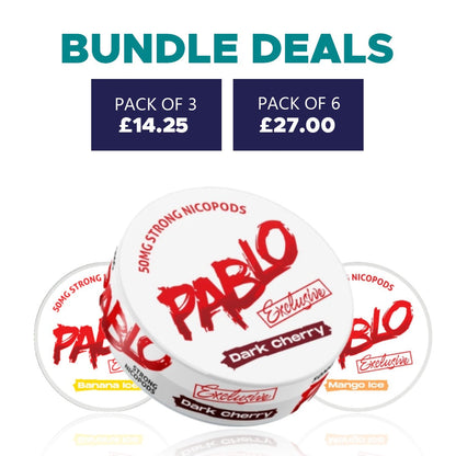 Pablo Exclusive Nicopods tobacco-free nicotine pouches in dark cherry, banana ice, and mango ice flavors with 50mg strength and bundle deals.
