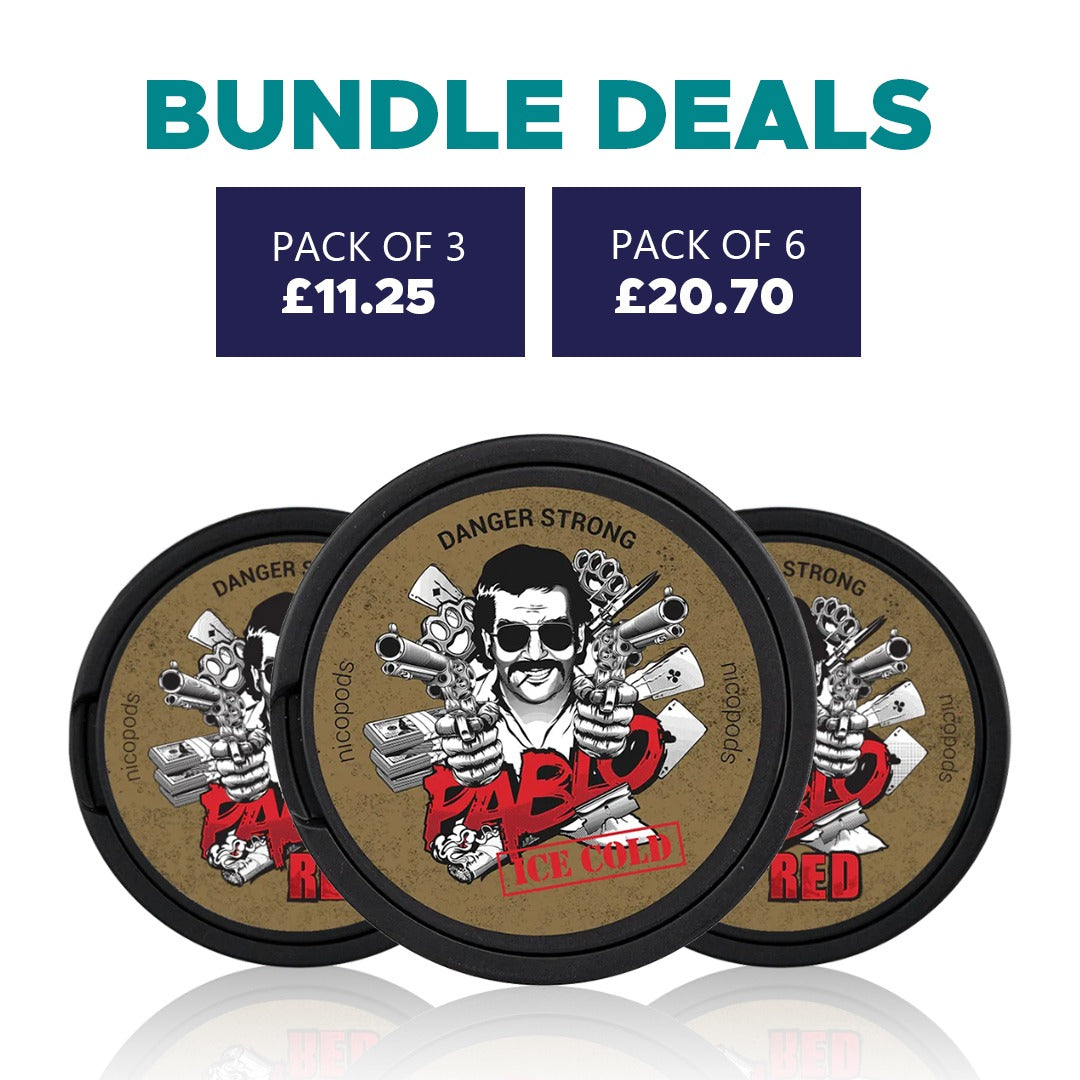 Three Pablo Snus Nicopods cans featuring Danger Strong flavors with bundle deal pricing displayed above