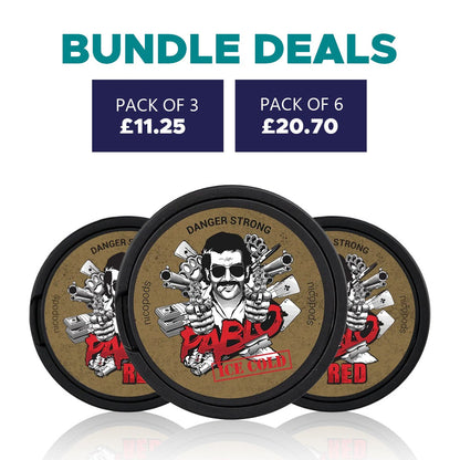 Three Pablo Snus Nicopods cans featuring Danger Strong flavors with bundle deal pricing displayed above