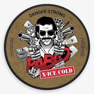 Pablo Snus Nicopods Danger Strong X-Ice Cold nicotine pouches with bold graphic design and 50mg nicotine strength.