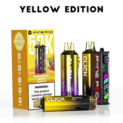 Pyne Pod Click 50K Yellow Edition with prefilled pods Mango Passion Fruit, Lemon Lime, Pineapple Ice and rechargeable pod kit display