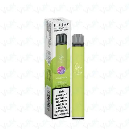 Elf Bar 600 prefilled pod kit with 2ml apple peach flavor pod, 500mAh battery, USB-C charging, and mesh coil technology.