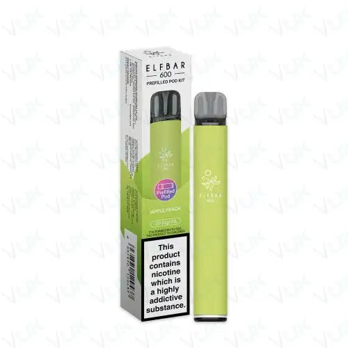 Elf Bar 600 prefilled pod kit with 2ml apple peach flavor pod, 500mAh battery, USB-C charging, and mesh coil technology.