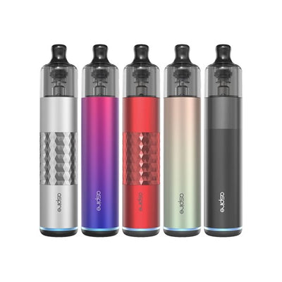 Aspire Flexus Stik vaping devices in five colors with anodized aluminum finish and transparent pods.