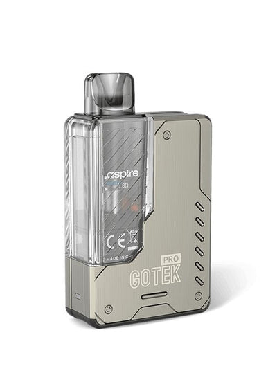 Aspire Gotek Pro compact pod vape kit with 1500mAh battery, draw-activated firing, clear e-liquid window, and adjustable airflow.