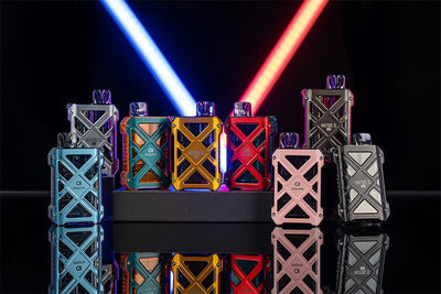 Aspire Gotek X II Pod System Kit in multiple colors with LED light background on black reflective surface