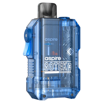 Aspire Gotek X pod kit with transparent blue casing, 650mAh battery, and refillable 2ml pod for MTL and RDTL vaping