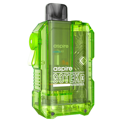 Green transparent Aspire Gotek X pod kit with built-in 650mAh battery and 2ml refillable pod