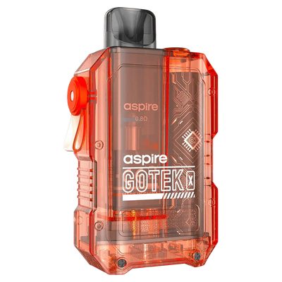 Aspire Gotek X transparent orange pod kit with 0.8 Ohm mesh coil and USB-C charging port