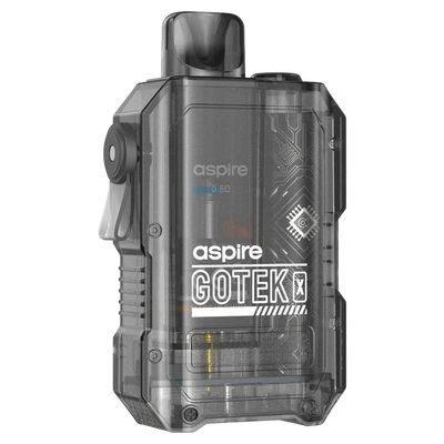 Aspire Gotek X pod kit with 650mAh battery, 2ml refillable pod, mesh coil, and side filling design in transparent black casing