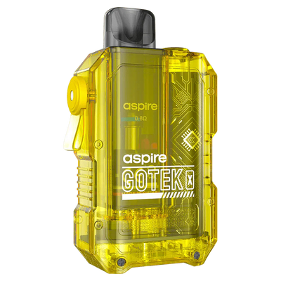 Aspire Gotek X yellow transparent pod kit with 650mAh battery and 0.8 ohm mesh coil