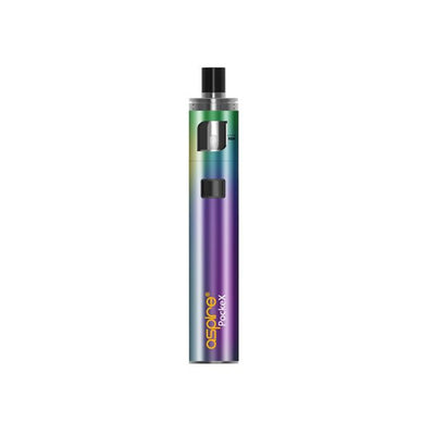 Compact Aspire PockeX Kit vape device with 0.6Ω stainless steel coil, 2ml capacity, and built-in 1500mAh battery in rainbow finish