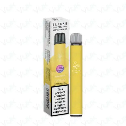 Elfbar 600 prefilled pod kit in yellow with 500mAh battery, 2ml 20mg nic salt e-liquid, USB-C charging, and inhale-activated design, pack of 5.