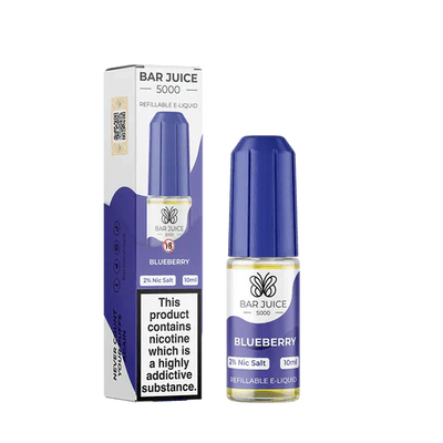 Bar Juice 5000 Blueberry 10ml Nic Salt E-Liquid bottle and packaging with 2% nicotine salt and refillable design