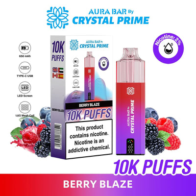Crystal Prime 10000 Puffs reusable vape in Berry Blaze flavor with LED screen and Type-C USB charging.