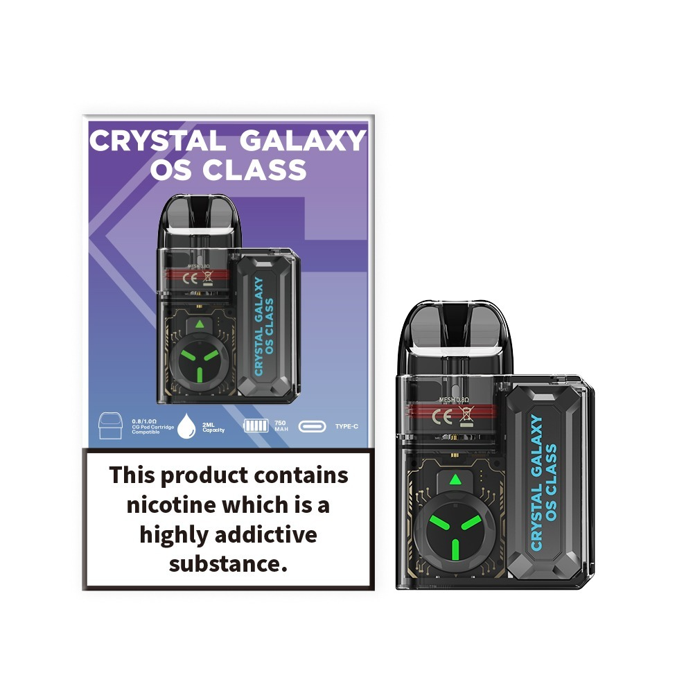 Crystal Galaxy OS Class pod vape kit with sleek design, 750mAh battery, replaceable pods, and type C charging cable.