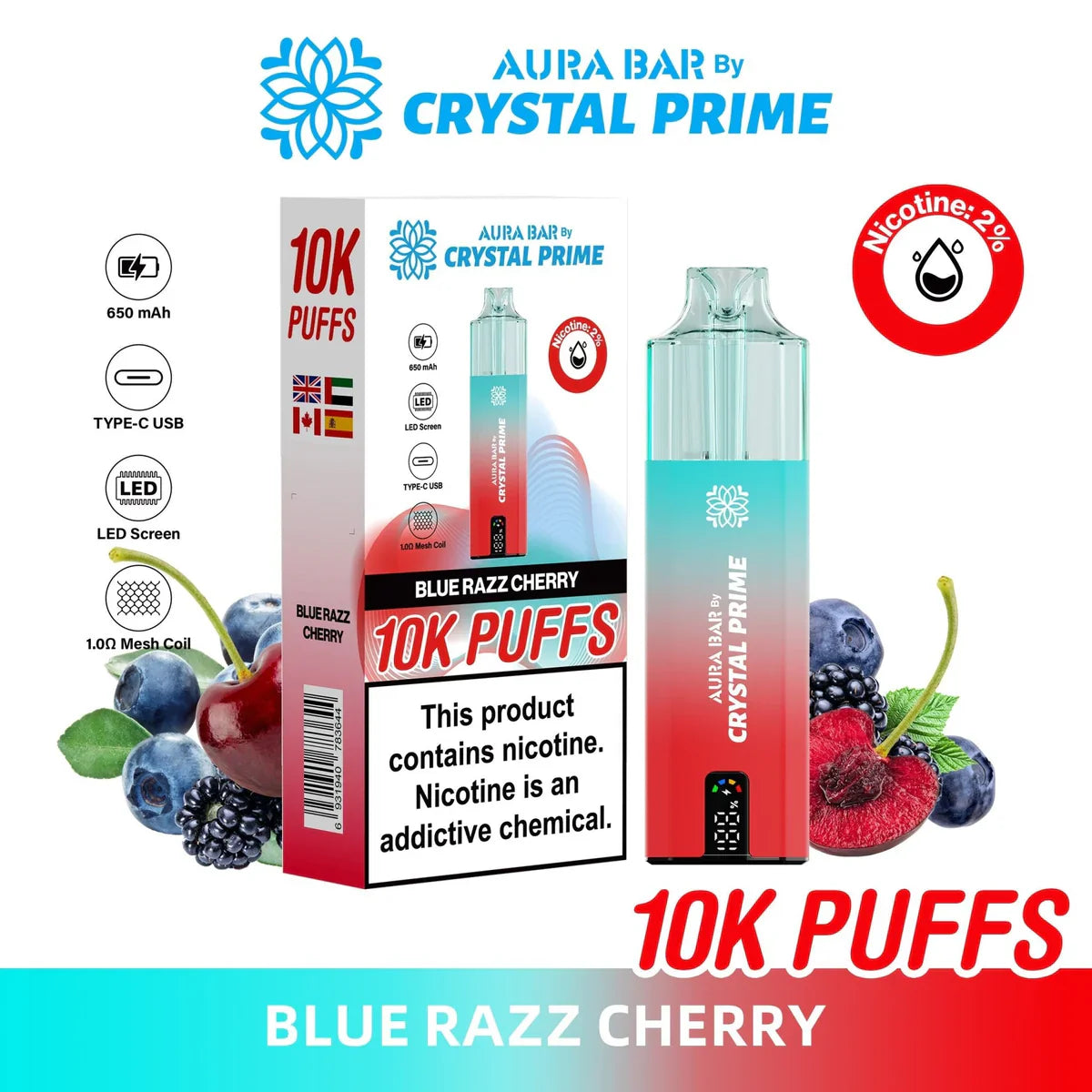 Crystal Prime 10000 Puffs reusable vape in Blue Razz Cherry flavor with 10,000 puff capacity, Type-C USB, 650mAh battery, and LED screen packaging.