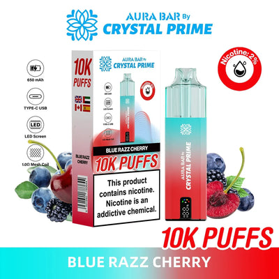 Crystal Prime 10000 Puffs reusable vape in Blue Razz Cherry flavor with 10,000 puff capacity, Type-C USB, 650mAh battery, and LED screen packaging.