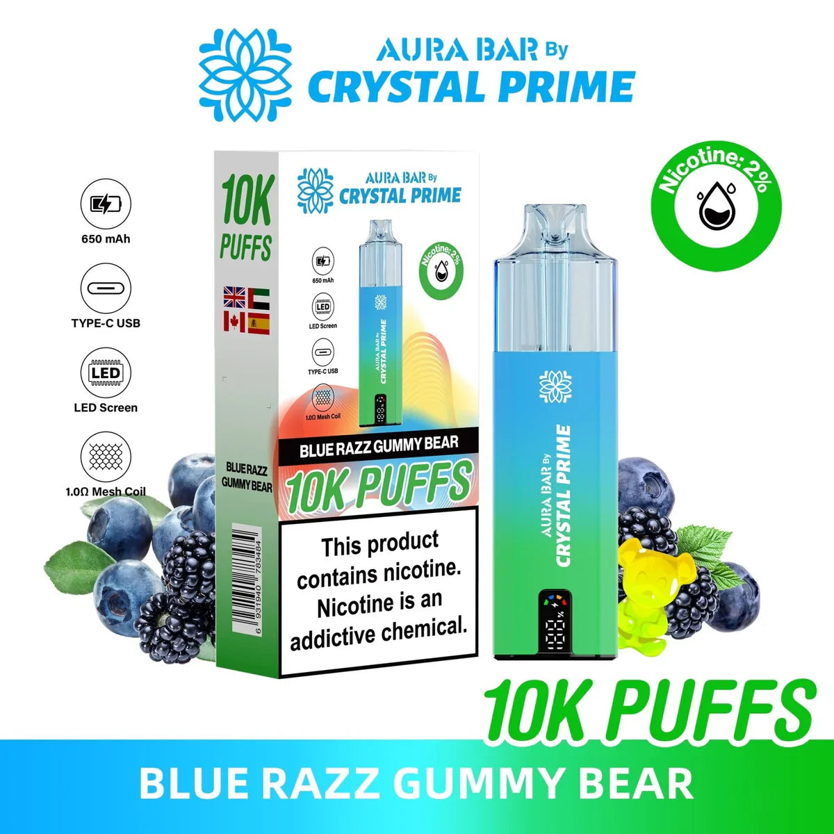 Crystal Prime 10000 Puffs Blue Razz Gummy Bear reusable vape with LED screen and Type-C USB charging.