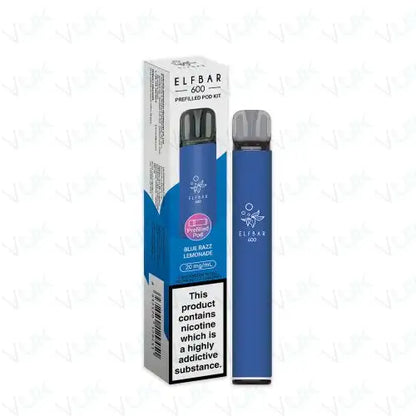 Elfbar 600 Prefilled Pod Kit Blue Razz Lemonade flavor with 20mg nicotine salt, 500mAh battery, USB-C charging, inhale activated, reusable vape device pack of 5