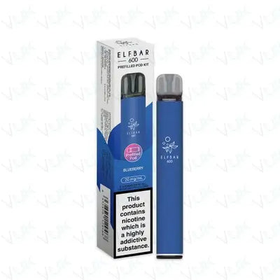 Elfbar 600 Prefilled Pod Kit in blueberry flavor with 500mAh battery and 20mg nicotine salt e-liquid, reusable and USB-C rechargeable vape device.