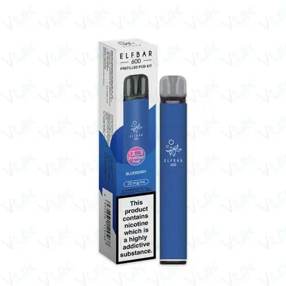 Elfbar 600 Prefilled Pod Kit in blueberry flavor with 500mAh battery and 20mg nicotine salt e-liquid, reusable and USB-C rechargeable vape device.