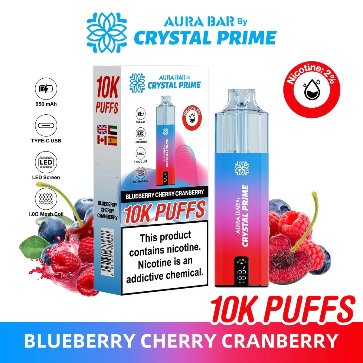 Crystal Prime 10000 Puffs reusable vape in blueberry cherry cranberry flavor with LED screen and USB charging.