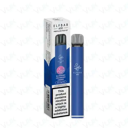 Elfbar 600 Prefilled Pod Kit in blueberry cranberry cherry flavor with 20mg nicotine salt, reusable vape device with 500mAh battery and USB-C charging, pack of 5.