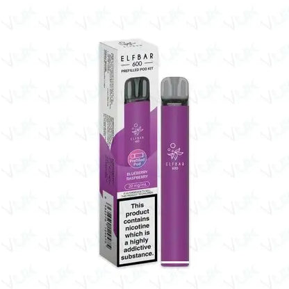 Elf Bar 600 Prefilled Pod Kit in blueberry raspberry flavor with 20mg nicotine salt, reusable vape device with 500mAh battery and USB-C charging, pack of 5.