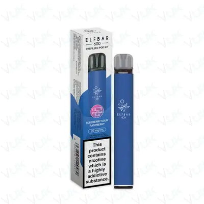 Elf Bar 600 Prefilled Pod Kit in Blueberry Sour Raspberry flavor with 20mg nicotine salt, 500mAh battery, 2ml prefilled pod, USB-C charging, and mesh coil technology.