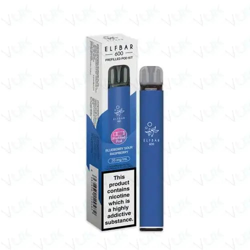 Elf Bar 600 Prefilled Pod Kit in Blueberry Sour Raspberry flavor with 20mg nicotine salt, 500mAh battery, 2ml prefilled pod, USB-C charging, and mesh coil technology.