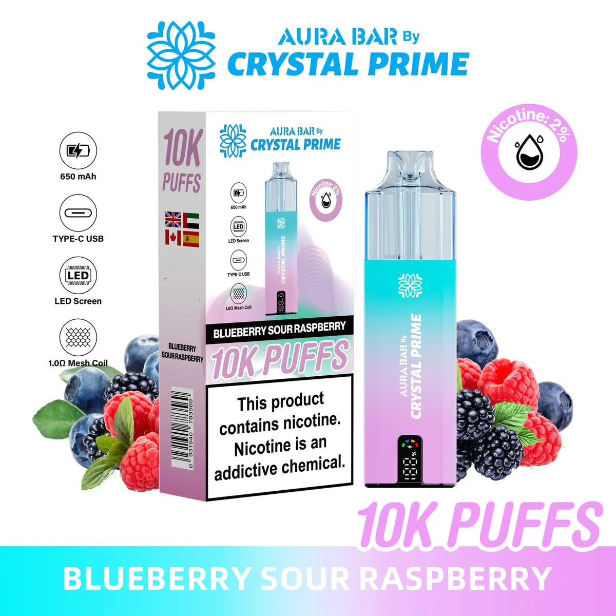 Crystal Prime 10000 Puffs reusable vape in blueberry sour raspberry flavor with LED screen and Type-C USB charging, pack of 5