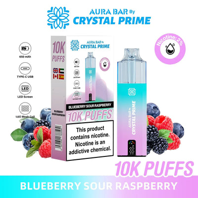 Crystal Prime 10000 Puffs reusable vape in blueberry sour raspberry flavor with LED screen and Type-C USB charging, pack of 5