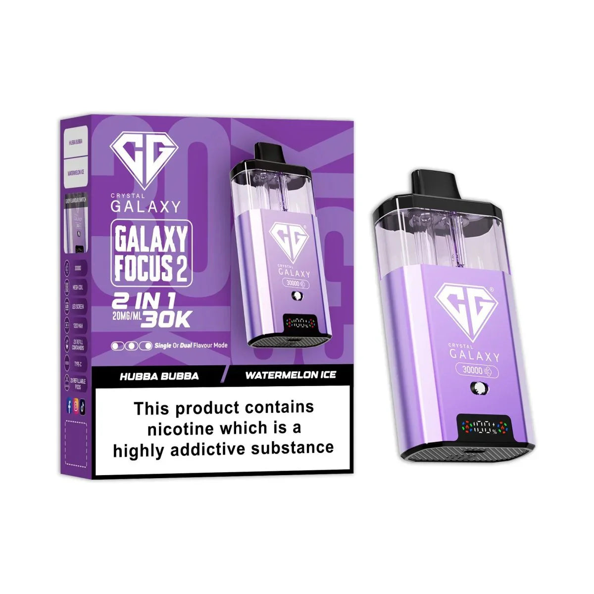 Crystal Galaxy Focus 2 30K Puffs prefilled pod kit in purple with dual flavor options and LED display