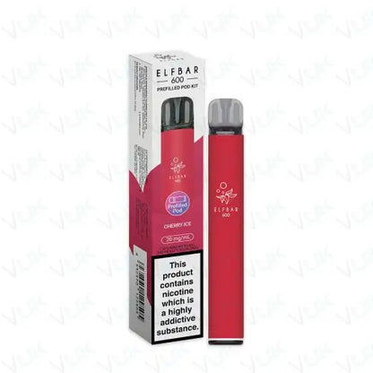 Elf Bar 600 prefilled pod kit in red with cherry ice flavor, reusable vape device with 20mg nicotine salt and USB-C charging